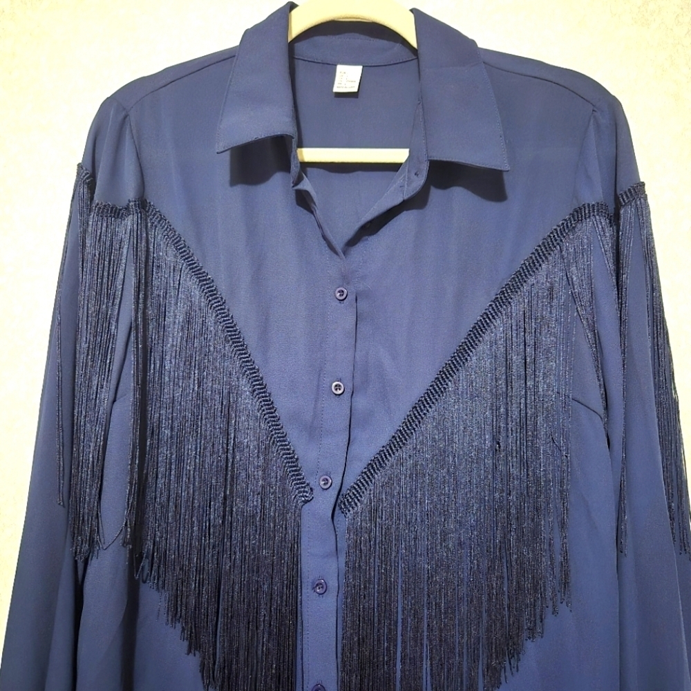 NEW...Chic Navy Fringe Button-Up Shirt..SIZE:L - Picture 6 of 13